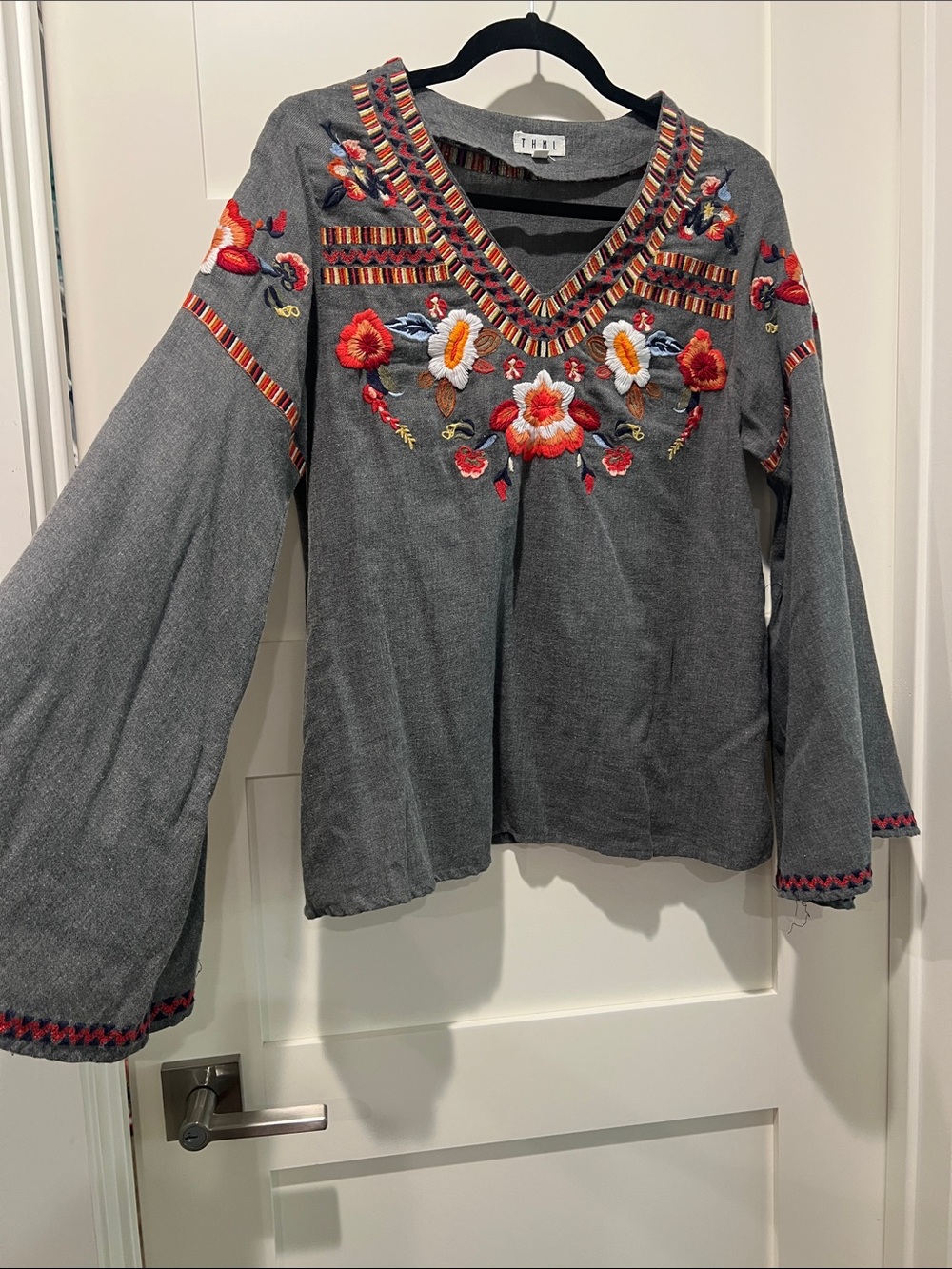 THML Gray Embroidered V-Neck Tunic with Red & Orange Floral Accents